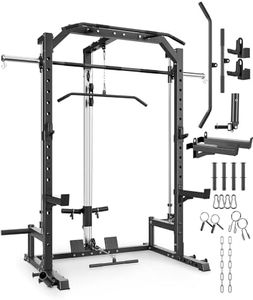 GarveeLife Smith Machine Home Gym with Barbell Bar, Cable System, Lat Pulldown Attachments, Safety Spotter Arms, J Hooks, Landmine, Multi-Functional Squat Rack for Full Body Strength Training