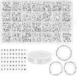 HANDI STITCH 1620 Pack White Plastic A-Z Alphabet Letter Beads with Storage Box - 7mm Round Bead with Black Letters & Crystal Thread - DIY Jewellery Charms for Making Bracelets, Necklaces & Crafts