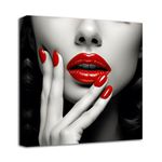 LZIMU Fashion Sexy Woman Canvas Wall Art Woman Red Lips and Nails Painting Print Woman Facial Portrait Pictures for Beauty Salon Girls Bedroom Decor (Woman-1, 16.00"x16.00")