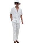 Eyoupeer Men 2 Piece Linen Set Outfit Beach Button Down Shirt and Pant Set Summer Casual Outfit With Hat and Scarf White Small