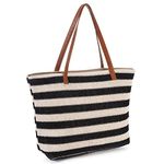 Victop Large Straw Bag Summer Beach Tote Bag Soft Tote Bag with Zipper Beach Handbag with Stripe Bohemian Woven Shoulder Bag for Women for Travel Gym Shopping Holiday Picnic (Black)