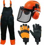 SPARES2GO Chainsaw Safety Seatless Bib and Braces Forestry Trousers (One Size, 34" - 38") + Helmet with Ear Defenders, Visor + Protective Gloves (Size 10)