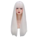 EMMOR White Wig With Fringe For Women Long Straight Wigs Synthetic For Girl Cosplay And Daily Use(26" White)