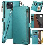 XcaseBar for iPhone 15 Plus 6.7" Wallet case with Zipper Credit Card Holder RFID Blocking,Flip Folio Book PU Leather Shockproof Strap Protective Cover Women Men for Apple 15Plus Phone case Blue Green