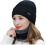 Redclip Unisex Woollen Beanie/Skull Cap and Neck Warmer Muffler Combo for Winters with Faux Fur Inner Side Warm Hat Set (Black)