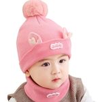 Kids Baby Winter Knit Hat Scarf Set Toddler Girls Boys Woolen Soft Wool Acrylic Pom Pom Beanie Cap Neck Warmer (Pink, 6 Month to 3 Yrs)