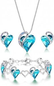 Leafael Necklace Gift Set for Women, Infinity Love Birthstone Heart Pendant with Matching Earrings and Bracelet, Aquamarine Blue Crystal for December, for Mom and Wife, Silver Plated