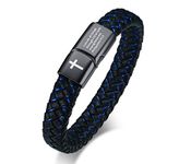 Blue Braided Leather Cross Bible Verse Wristband with Magnetic Clasp Cuff Inspirational Scripture Bracelet,Christian Bracelet for Men 8"/9", 9", Leather Metal