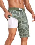 Nonwe Men's Swim Trunks with Compression Liner 2 in 1 Fast Dry Bathing Suits Cargo Surf Board Shorts with Pockets, Camo Light Green, 30