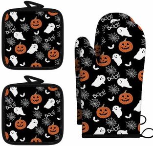 ZAEW Halloween Pumpkin Ghost 4PC Oven Mitts Pot Holders Set Heat Resistant