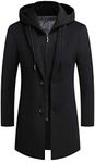 PRIJOUHE Men's Wool Coat Hoodie Long Trench Coat Cotton Casual Woollen Overcoat Jacket, Black-09, X-Large