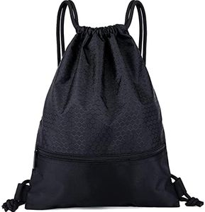 Wavefind Drawstring Backpack Gym Bulk String Bag Water Resistant Zip Pocket Cinch Swim Sports Storage Side Pocket Portable