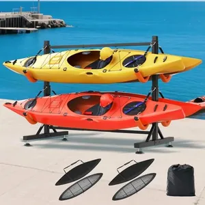 SPECRAFT Freestanding Kayak Storage Rack for 4 Kayaks, Adjustable Width Stand with Stable Base, 8 Elastic Ropes, EVA Tube Sleeves, 4 Dust Covers, for Indoor Outdoor Garage