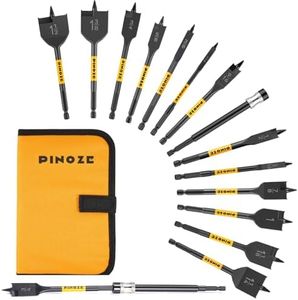 PINOZE 14-Piece Spade Drill Bit Sets with Quick-Load Long Extension, Paddle Flat Bit for Hole Cutter Woodworking, 1/4" to 1-1/2", Self-Feeding Threaded Tip, 1/4 inch Hex Shank, Storage Pouch Included