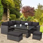 9 Seater Rattan Garden Furniture Set with Height Adjustable Rising Table - Outdoor Furniture Rattan Corner Sofa - Garden Furniture Sets - FREE COVER INCLUDED (Dark Grey Mixed with Dark Grey Cushions)