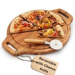 Wrenbury Wooden Pizza Board and Cutter Set - Acacia Wood Gift Set - 42 cm Round Serving Board with 8 Grooves - Includes Pizza Wheel & Cheese Knife