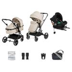 Ickle Bubba Atom 9 Piece Travel System with i-Size Cirrus Car Seat & ISOFIX Base – R129 Safety Standard, Side Impact Protection, Compact Fold Pushchair from Birth to 22kg (Stone)