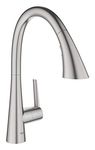 GROHE Zedra Kitchen Tap Single-Lever Sink Mixer, High C-Spout with Pull-Out Comfort Shower Head and 3 Spray Options, 360° Swivel Range, Stainless Steel Look Water-Saving 32294DC2