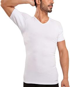 Ejis Men's Sweat Proof Undershirt, V Neck, Anti-Odor Silver, Micro Modal, Sweat Pads (Large, White)