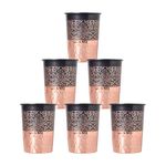 Decorative India Premium Copper Water Glass with Carving and Hammer Design with Black Antique Royal Glossy Finish Specially Made for Dining Kitchen and Many More Set of 6