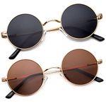 2 PACK Round Sunglasses Men Women Polarized Hippie Round Sun Glasses Circle Sun Glasses Metal Frame With UV Protection, Blackand Golden Rim (45mm)