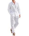 COOFANDY Linen Sets For Men 2 Piece Button Down Shirt Long Sleeve And Casual Beach Drawstring Waist Pants Summer Outfits, A-white, Large