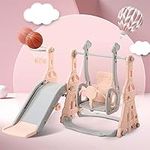 4-in-1 Children's Slide Set Kids' Playset Toddler Climber Swing Set Playground Play Set with Removable Basketball Hoop,Long Slide and Ball,Climb Stairs,for Indoor and Outdoor Adventures Pink