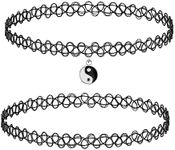 BodyJ4You Tattoo Choker Necklace - 90s Choker Necklace Women - 2000s Black Chokers - Yin Yang Silvertone Charm Pendant - Vintage Emo Stretchy Elastic Necklace