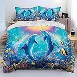 Seabed Underwater World Dolphin Comforter Bedding Set,Duvet Cover Bed Set Quilt Cover Pillowcase,Queen Bedding Set Adult 80x90inch Full Size Comforter Sets