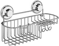 HASKO accessories - Powerful Vacuum Suction Cup Shower Caddy Basket for Shampoo - Combo Organizer Basket with Soap Holder and Hooks - Stainless Steel Holder for Bathroom Storage (Chrome)