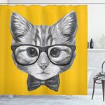 ABAKUHAUS Animal Shower Curtain, Sketchy Hand Drawn Design Baby Hipster Cat Kitten Glasses Image Print, Cloth Fabric Bathroom Decor Set with Hooks, 70 Inches, Grey Mustard