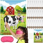 PLULON Pin the Tail on the Game Cow Game Poster with 24 Pcs Tail Stickers for Farm Animal Home Wall Decorations Birthday Party Game Supplies