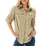 Toumett Women's UPF 50 Shirts Long Sleeve Sun Protection UV Safari Shirts Outdoor Quick Dry Fishing Hiking Travel Shirts, Dark Khaki, M