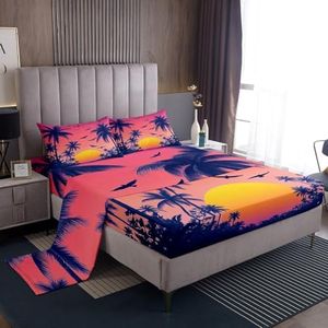 Tropical Coconut Tree Bed Sheet Sets Queen Size,Ocean Beach Coastal Bedding Set 4Pcs,Kids Girls Women Teens Room Decor,Romantic Sunset Sky Fitted Sheet Orange Red View Top Flat Sheet,2 Pillowcases