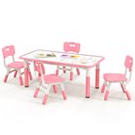 COSTWAY Kids Table and 4 Chairs Set, Height Adjustable Toddler Art Tables with Graffiti Desktop, 5-Piece Children Activity Furniture for Playroom, Daycare, School (Pink)