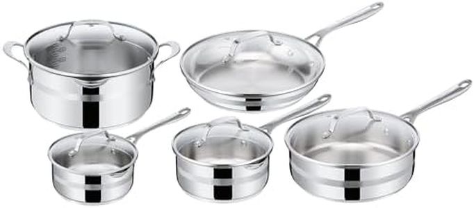 Jamie Oliver by T-fal Cook Smart 10-Piece Cookware Set, Uncoated Stainless Steel, Robust, Fast Heating, Even Cooking, Riveted Handle, Induction Safe, Oven and Dishwasher Safe
