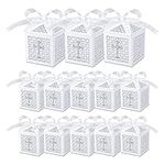 20 Pcs Candy Treat Gift Box with Ribbons, First Communion Christening Decorations Sugar Box for Boys & Girls, Laser Cut Hollow Cross Favor for Wedding Baby Shower Christmas Party