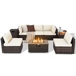 Tangkula 8 Piece Outdoor Wicker Sofa Set, Patio Rattan Conversation Set w/32” Propane Fire Pit Table & Tank Holder, 40,000 BTU Heat Output, Cozy Seat & Back Cushions, Fire Pit PVC Cover (Off White)