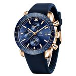 BY BENYAR Men's Analogue Chronograph Quartz Watch 30M Waterproof Luminous Date Display Casual Watch Sport Leather Watch, Gold Blue