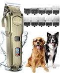 oneisall Dog Clippers for Grooming for Thick Heavy Coats/Low Noise Rechargeable Cordless Pet Shaver with Stainless Steel Blade/Waterproof Dog Shaver for Dogs Pets and Animals (Gold)