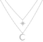 SILBERTALE 925 Sterling Silver Necklace Moon Star Pendant Necklace Gold Silver Layered Necklace for Women