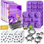 RUGVOMWM 123 Pcs Homemade Dog Treats Set Silicone Molds Cookie Cutters,Including 2 Dog Treat Mold,5+12 Cookie Cutters and, 4 Dog Treat Recipes Card, 50 Dog Treat Bags & 50 Gold Twist Ties.