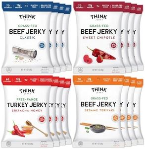 Think Jerky Beef and Turkey Jerky Variety Pack, Original, Sweet Chipotle, Sriracha Honey, Sesame Teriyaki, Healthy Jerky Snack, Healthy Meat Snack, Low Calorie Low Fat - 1.0 oz Bags, 16 Pack