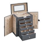 SONGMICS Jewellery Box 6 Tiers, Jewellery Case with 5 Drawers, Large Storage Capacity, with Mirror, Lockable, Jewellery Storage Organiser, Gift for Loved Ones, for Watches, Grey JBC152G01