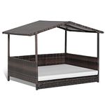 COSTWAY Wicker Dog House, Raised Rattan Dogs Bed with Roof and Removable Cushion, Indoor Outdoor Elevated Pet Sofa for Small Medium Dogs Cats (White+Mix Brown)