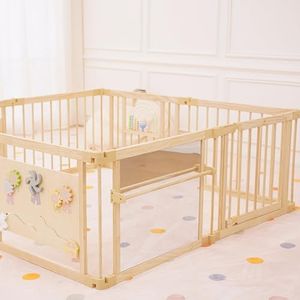 Avenlur Wooden Baby Playpen with Mirror & Whiteboard Panel – Foldable 63" x 63" Montessori Sensory Play Yard for Babies & Toddlers, Natural Wood