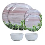 Greenland Pack of 09 White and Leaf Premium Melamine Dinner Set - Plates and Bowls Dinner Set - Full Plates Small Plates with katoris (White-Leaf Design) (Green - 3-3-3)