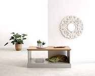 Home Source Occasional Coffee Table with A Spacious Shelf Grooved Panels and Oak Effect Top, Grey, Open Storage, KENCOFGRY