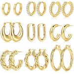 9 Pairs Gold Hoop Earrings for Women, 14K Gold Plated Lightweight Chunky Twisted Hoop Earrings Set for Gift (01-9 Pair Gold)