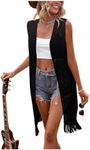 MakeMeChic Women's Fringe Hollow Out Jacket Open Front Sleeveless Vest Coat Long Vintage Cardigan Black X-Small